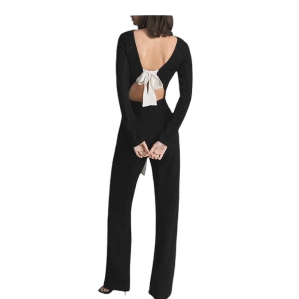Reiss Ada Open Back Knit Jumpsuit 12 Mock Neck Tie Waist Bow Black - Picture 2 of 12